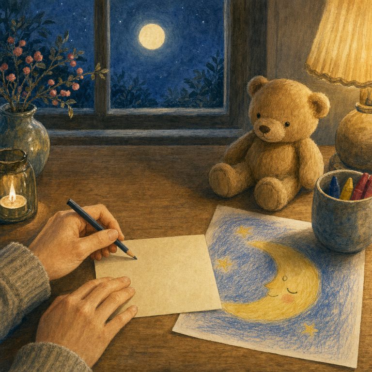 Hands writing a card by lamplight, next to a child’s drawing of the moon